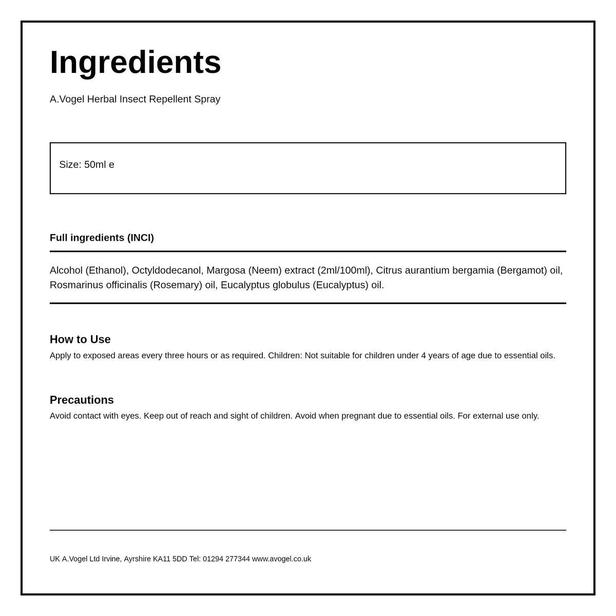 A.Vogel Neem Insect Repellent — ingredients (INCI) panel, generated from the pack
