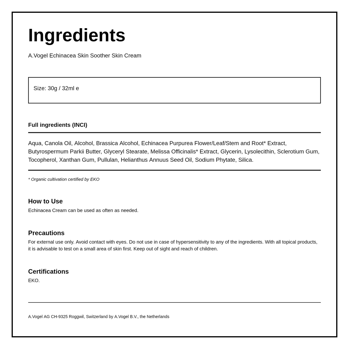 A.Vogel Echinacea Cream — ingredients (INCI) panel, generated from the pack