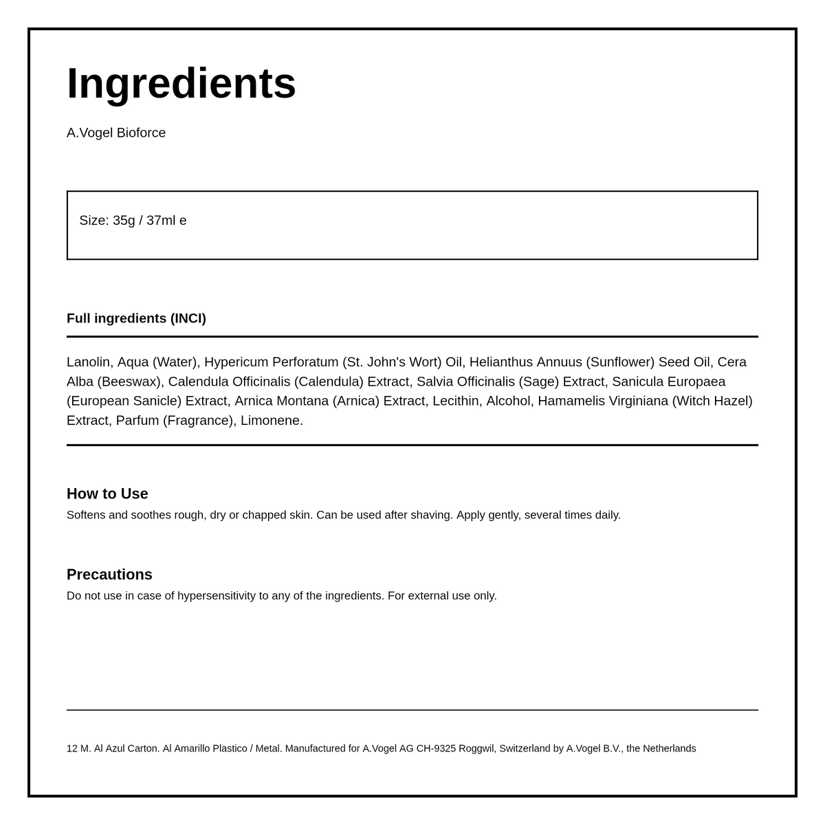 A.Vogel Bioforce Cream — ingredients (INCI) panel, generated from the pack