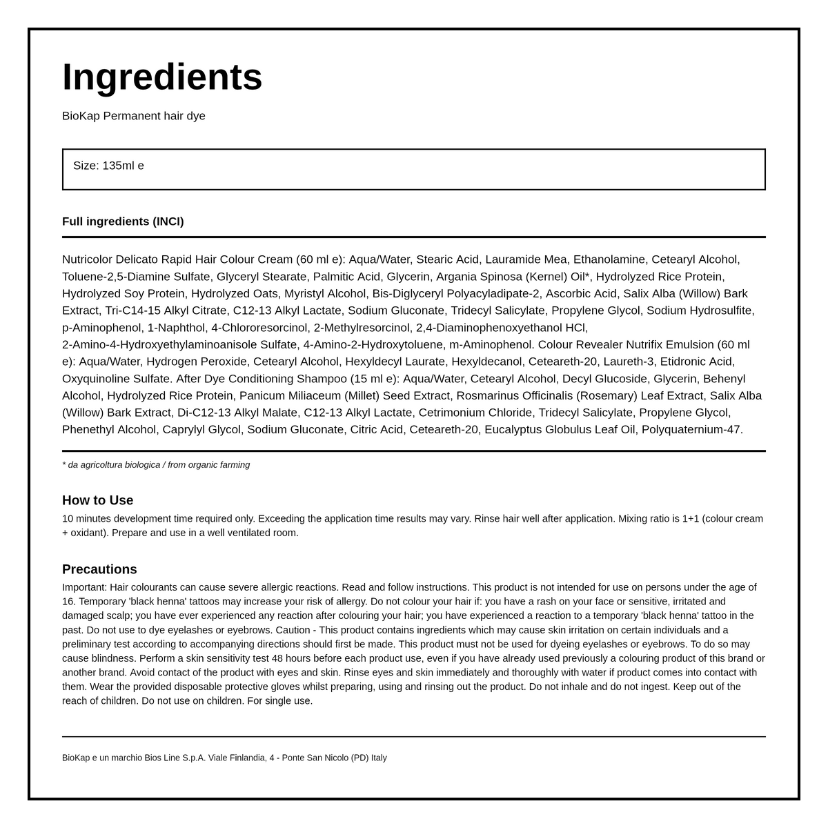BioKap Ash Chestnut 5.15 Hair Dye — ingredients (INCI) panel, generated from the pack