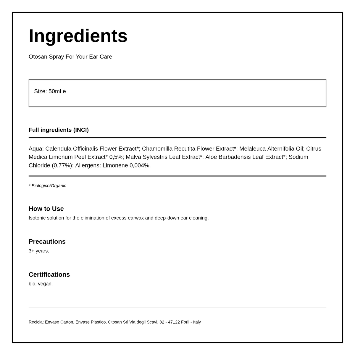 Otosan Ear Spray — ingredients (INCI) panel, generated from the pack