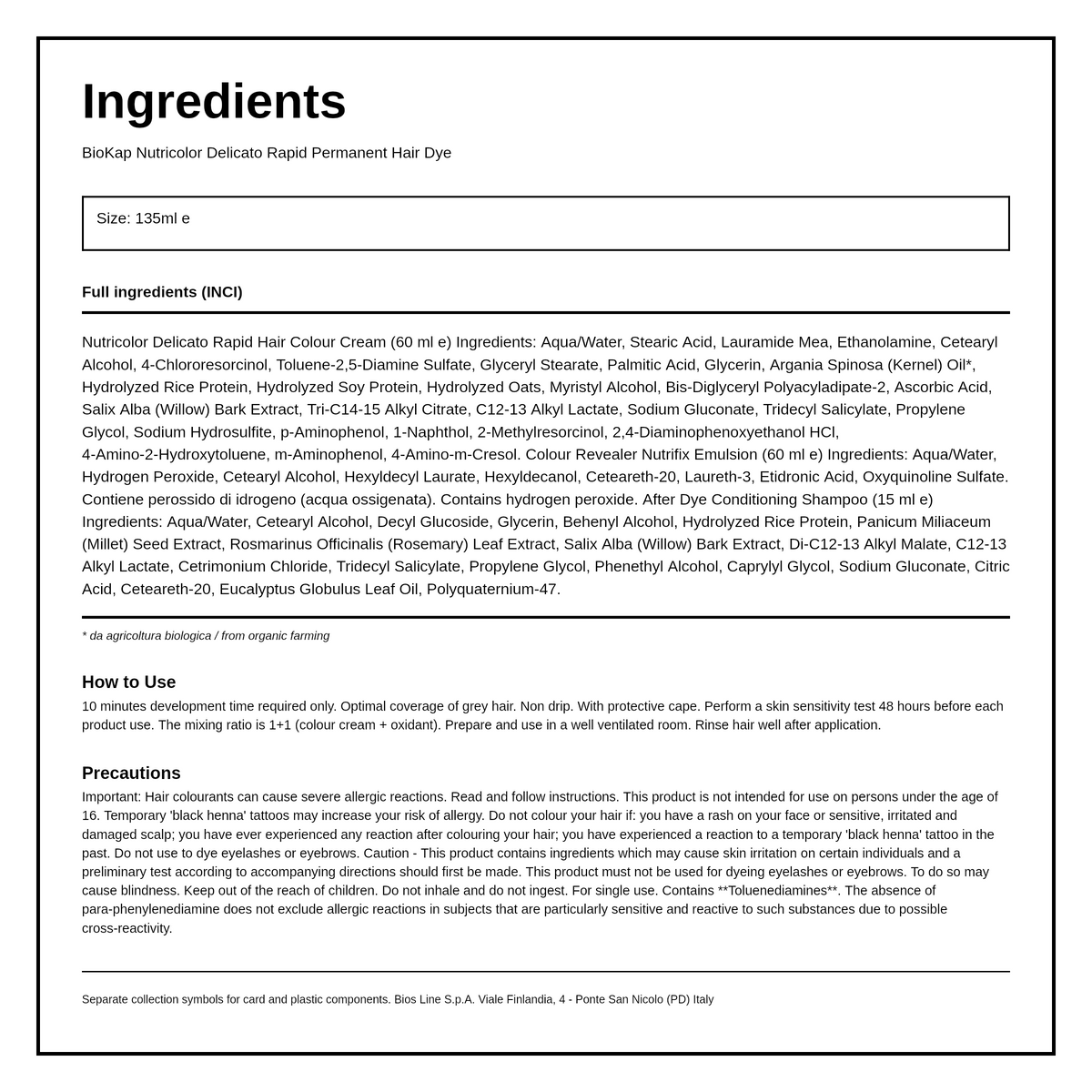 BioKap Dark Blond Havana 6.06 Rapid Permanent Hair Dye — ingredients (INCI) panel, generated from the pack