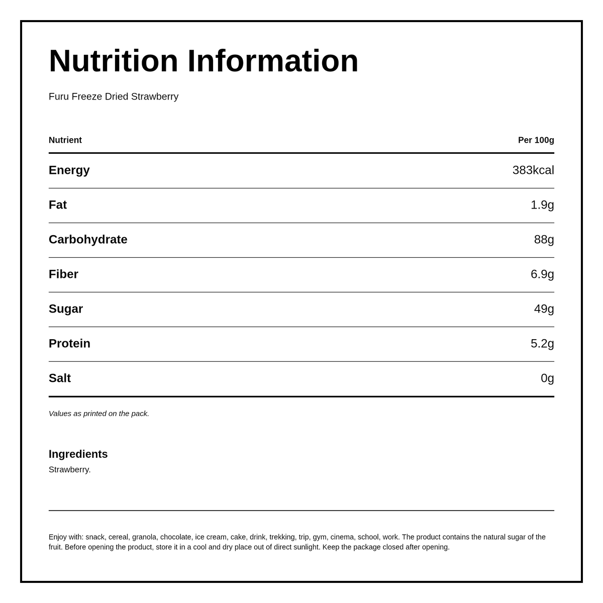 Furu Strawberries freeze dried — nutrition information panel, generated from the pack