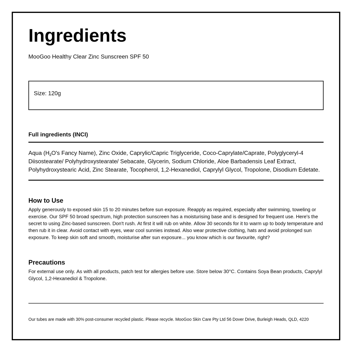 Moogoo Clear Zinc Sunscreen SPF 50 — ingredients (INCI) panel, generated from the pack