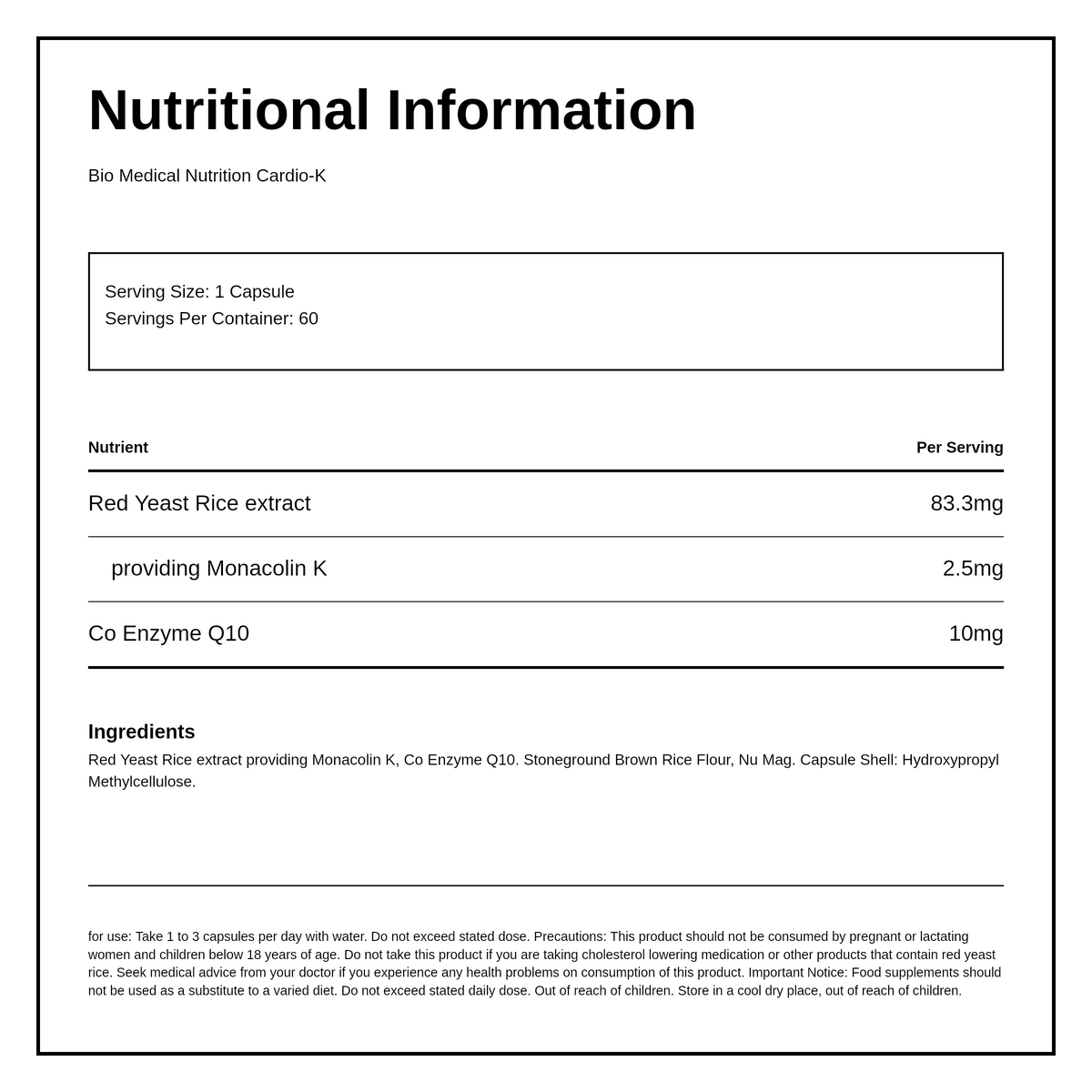 Bio Medical Classic Cardio-Kules (2.5mg Monacolin K) — nutrition information panel, generated from the pack