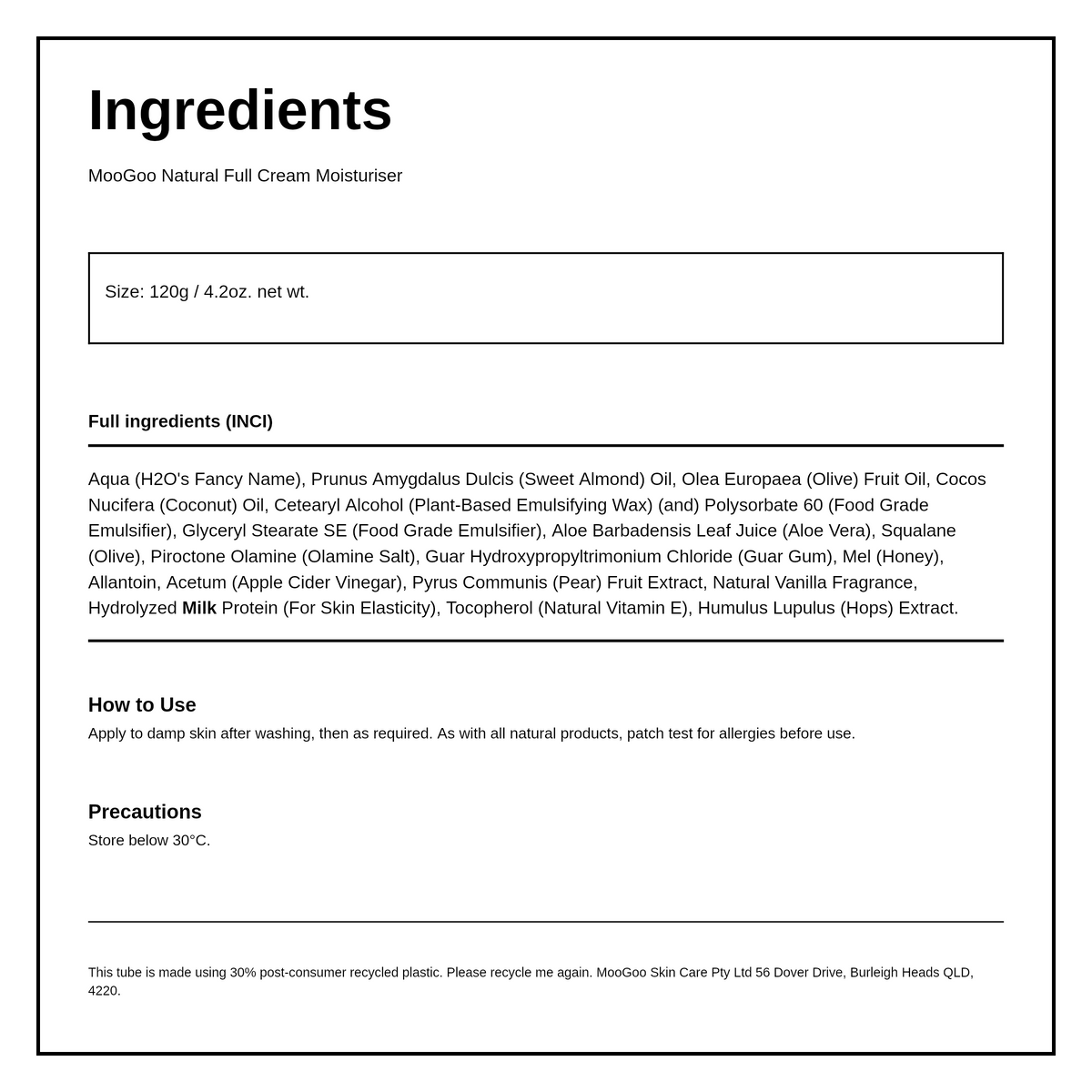 MooGoo Natural Full Cream Moisturiser — ingredients (INCI) panel, generated from the pack