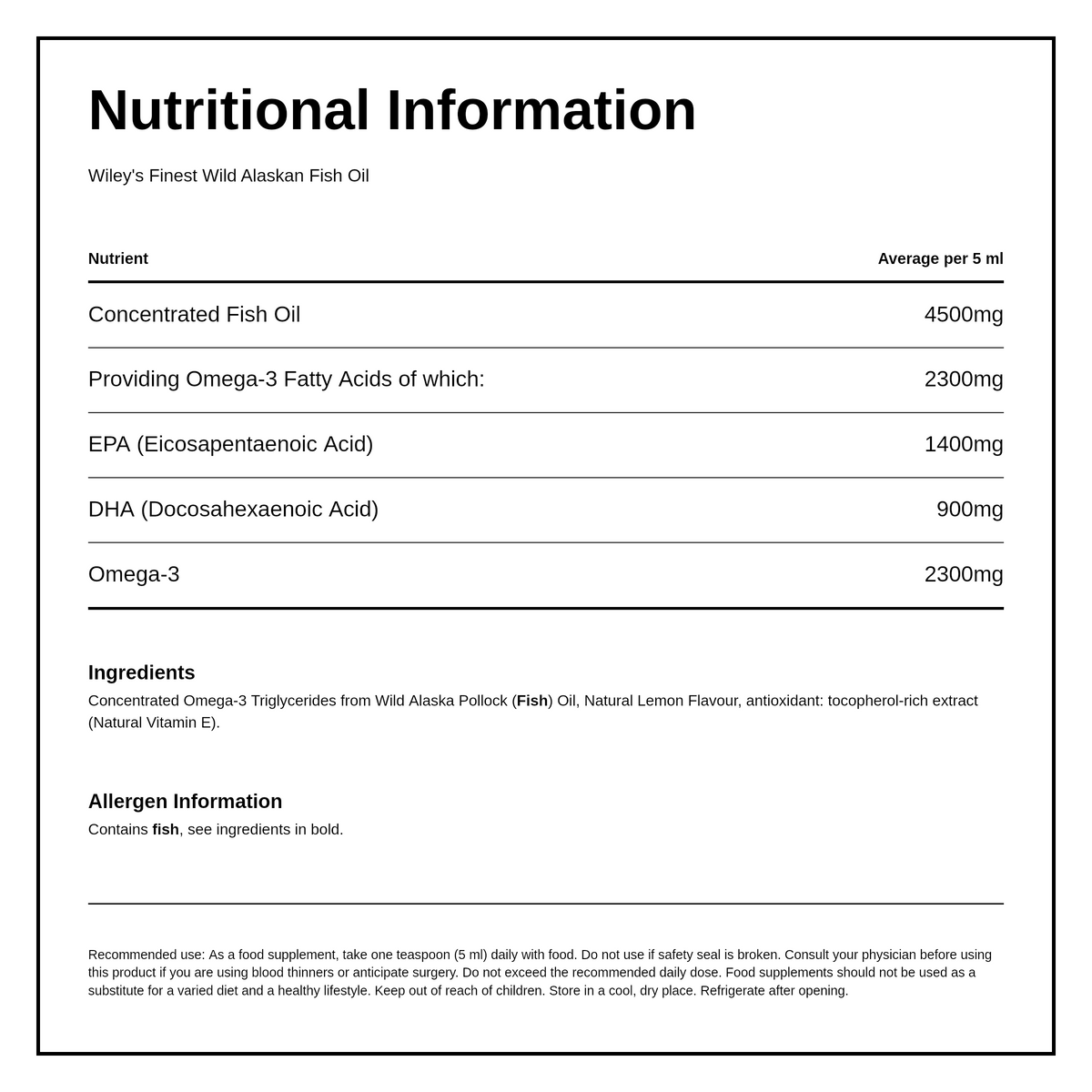 Wiley's Finest Peak Omega-3 Liquid — nutrition information panel, generated from the pack