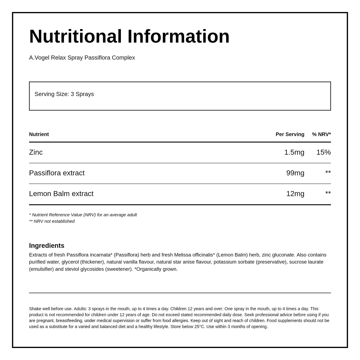 A.Vogel Passiflora Complex Spray — nutrition information panel, generated from the pack