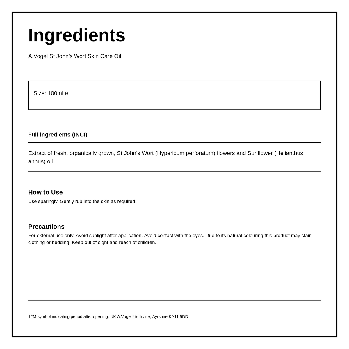 A. Vogel St John's Wort Skin Care Oil — ingredients (INCI) panel, generated from the pack