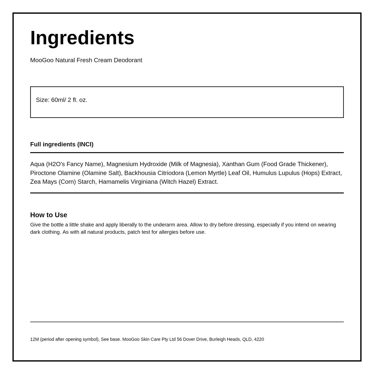 MooGoo Fresh Cream Deodorant - Lemon Myrtle — ingredients (INCI) panel, generated from the pack