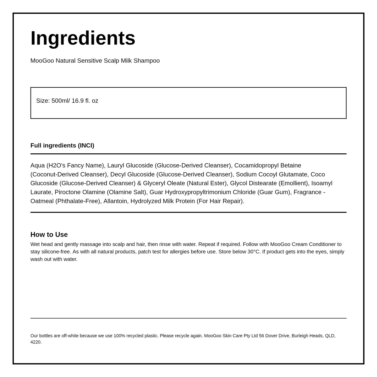 MooGoo Natural Sensitive Scalp Milk Shampoo — ingredients (INCI) panel, generated from the pack