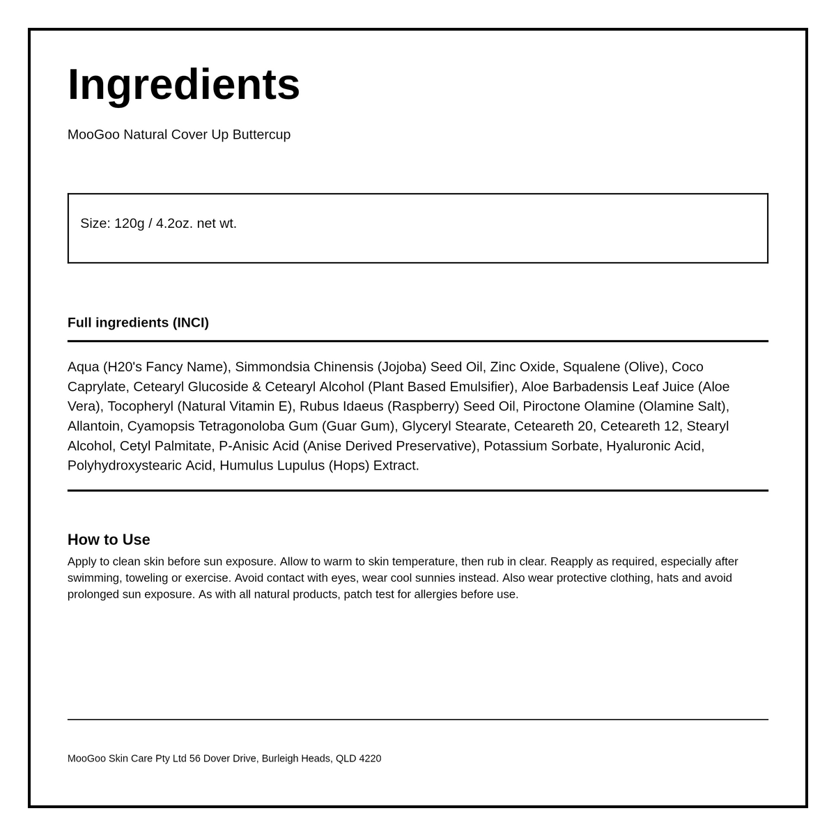 MooGoo Natural Cover Up Buttercup SPF15 — ingredients (INCI) panel, generated from the pack