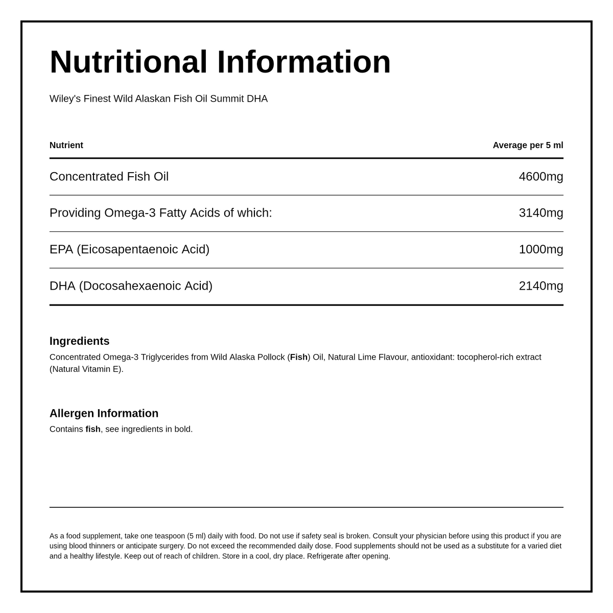 Wiley's Finest UK Summit DHA Wild Alaskan Fish Oil — nutrition information panel, generated from the pack