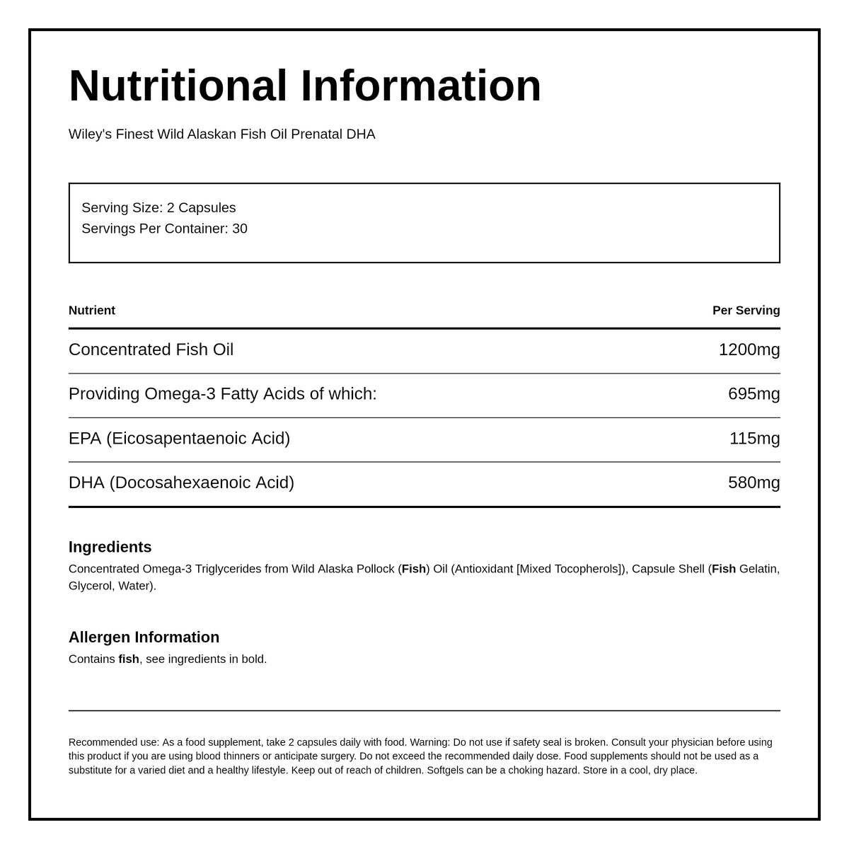 Wiley's Finest UK Prenatal DHA — nutrition information panel, generated from the pack
