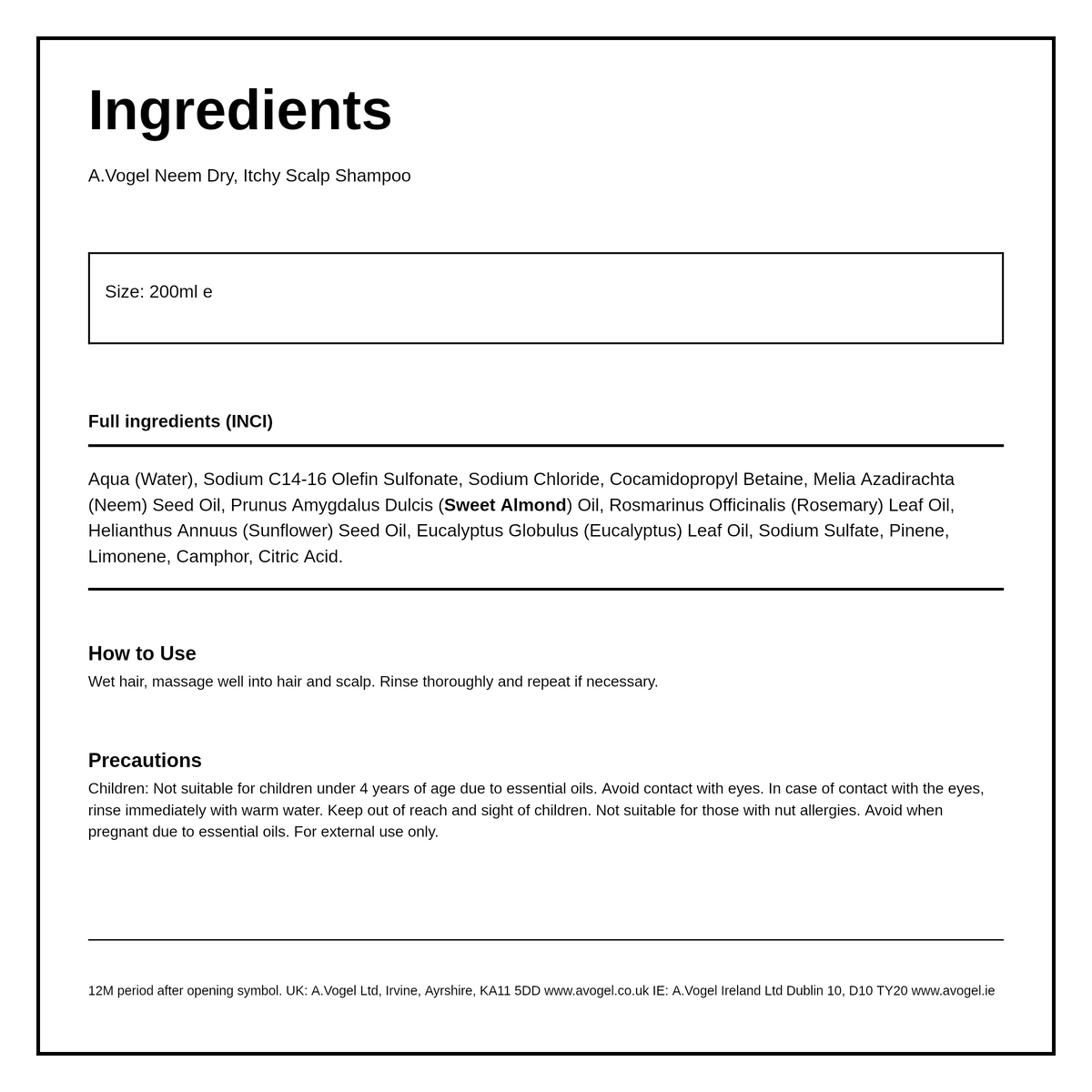 A.Vogel Neem Shampoo — ingredients (INCI) panel, generated from the pack