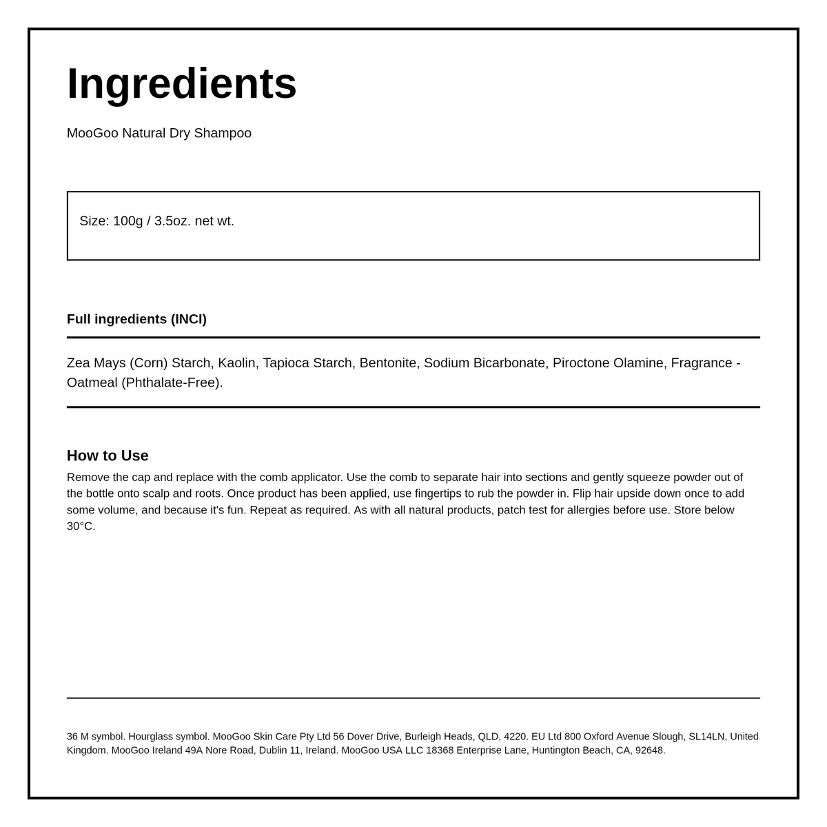 MooGoo Natural Dry Shampoo — ingredients (INCI) panel, generated from the pack