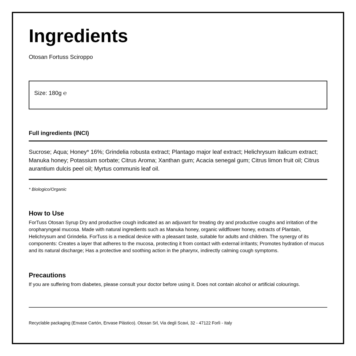 Otosan Fortuss Cough Syrup — ingredients (INCI) panel, generated from the pack