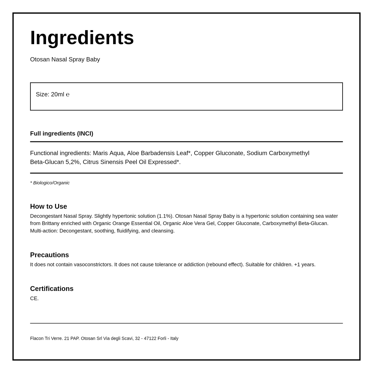 Otosan Natural Baby Nasal Spray — ingredients (INCI) panel, generated from the pack