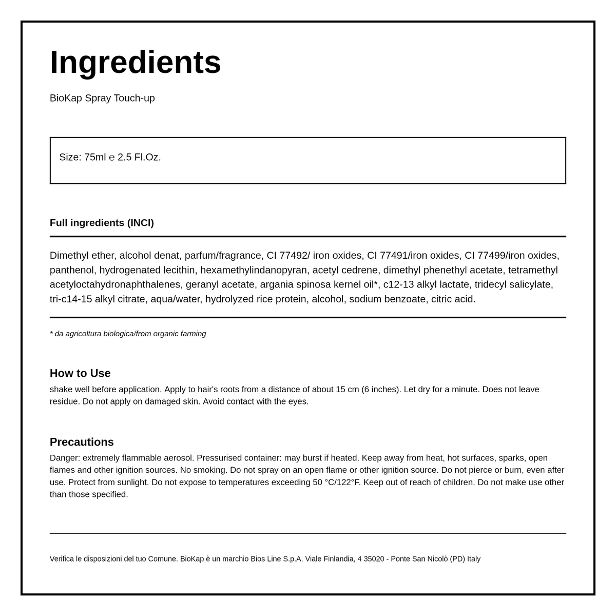 BioKap Light Brown Root Touch Up Spray — ingredients (INCI) panel, generated from the pack