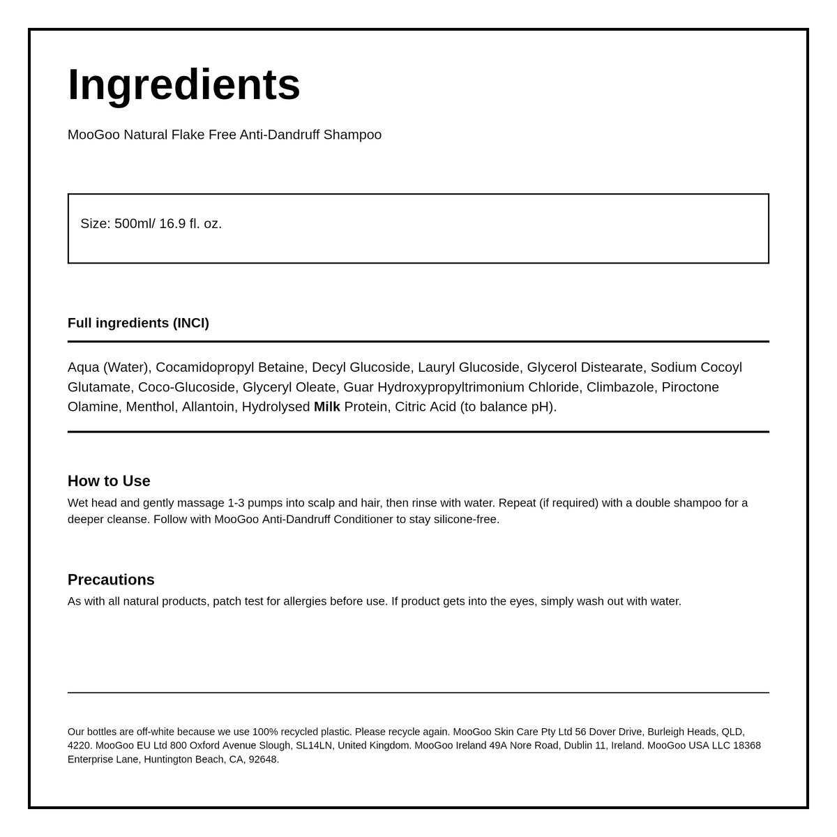 MooGoo Natural  Flake Free Anti-Dandruff Shampoo — ingredients (INCI) panel, generated from the pack