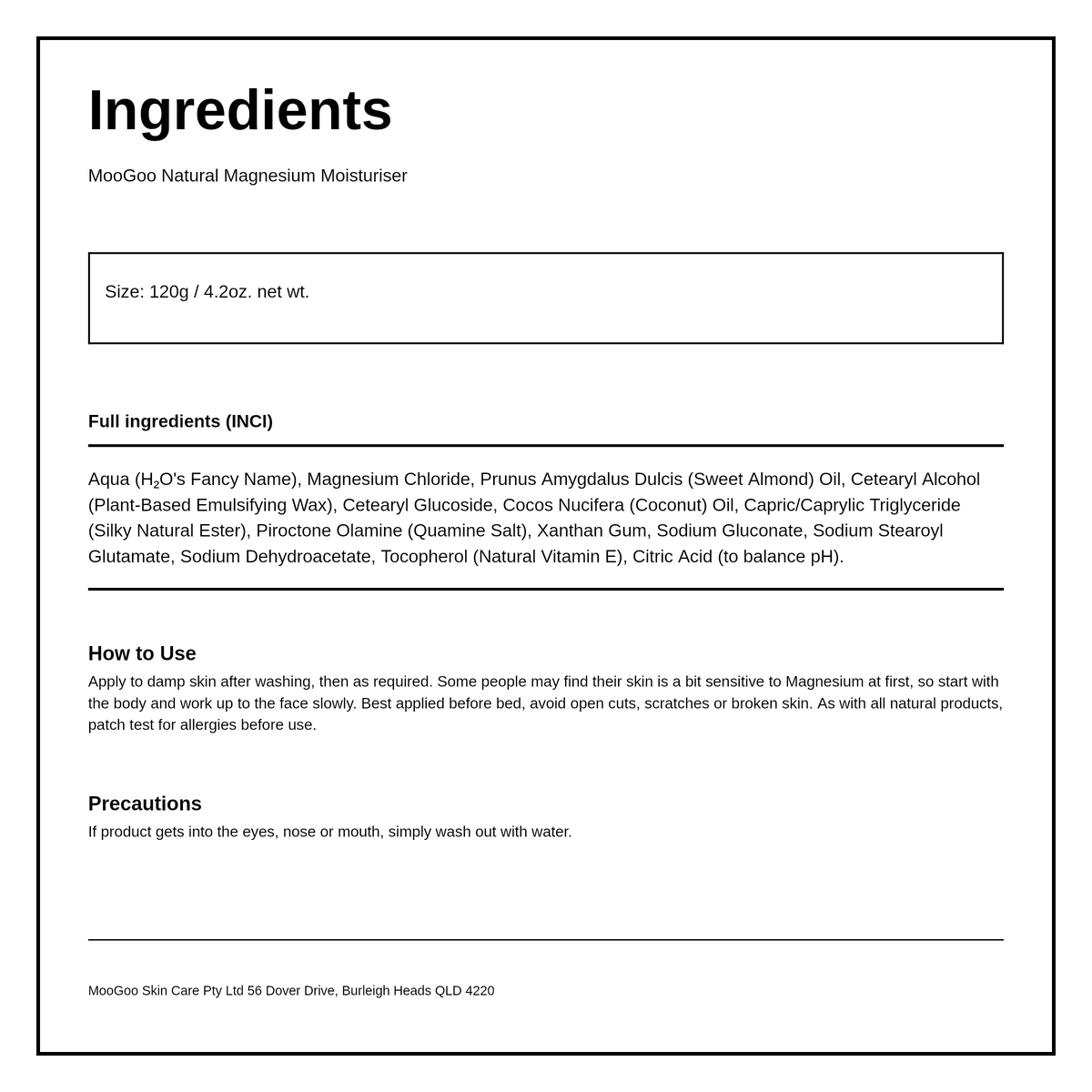 MooGoo Natural Magnesium Moisturiser — ingredients (INCI) panel, generated from the pack
