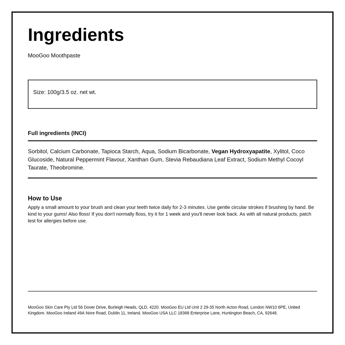 Moothpaste – Fluoride-Free toothpast 100g — ingredients (INCI) panel, generated from the pack