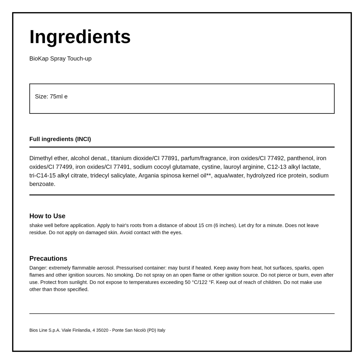 BioKap Blond Root Touch Up Spray — ingredients (INCI) panel, generated from the pack