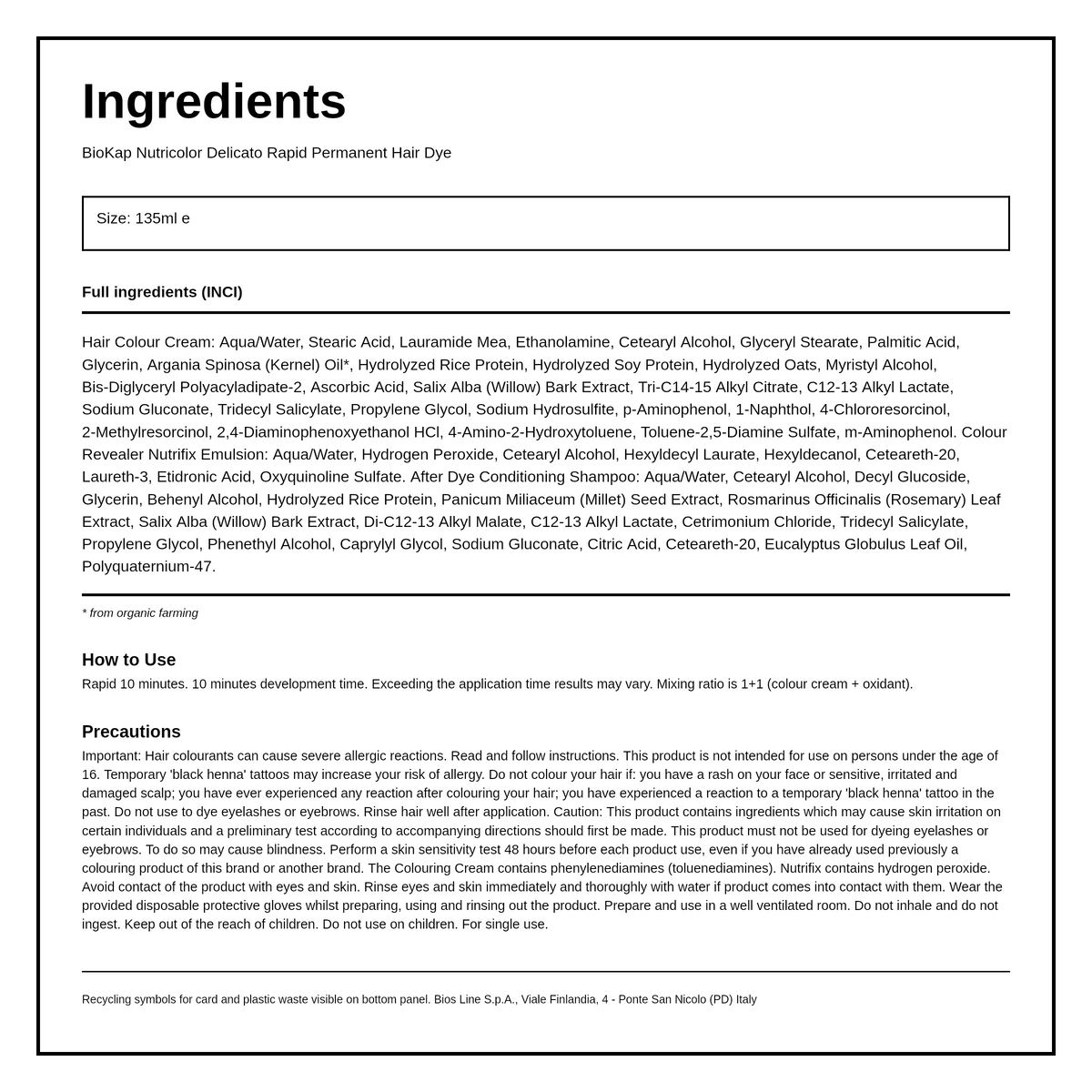 BioKap Natural Light Blond 8.03 Rapid Permanent Hair Dye — ingredients (INCI) panel, generated from the pack