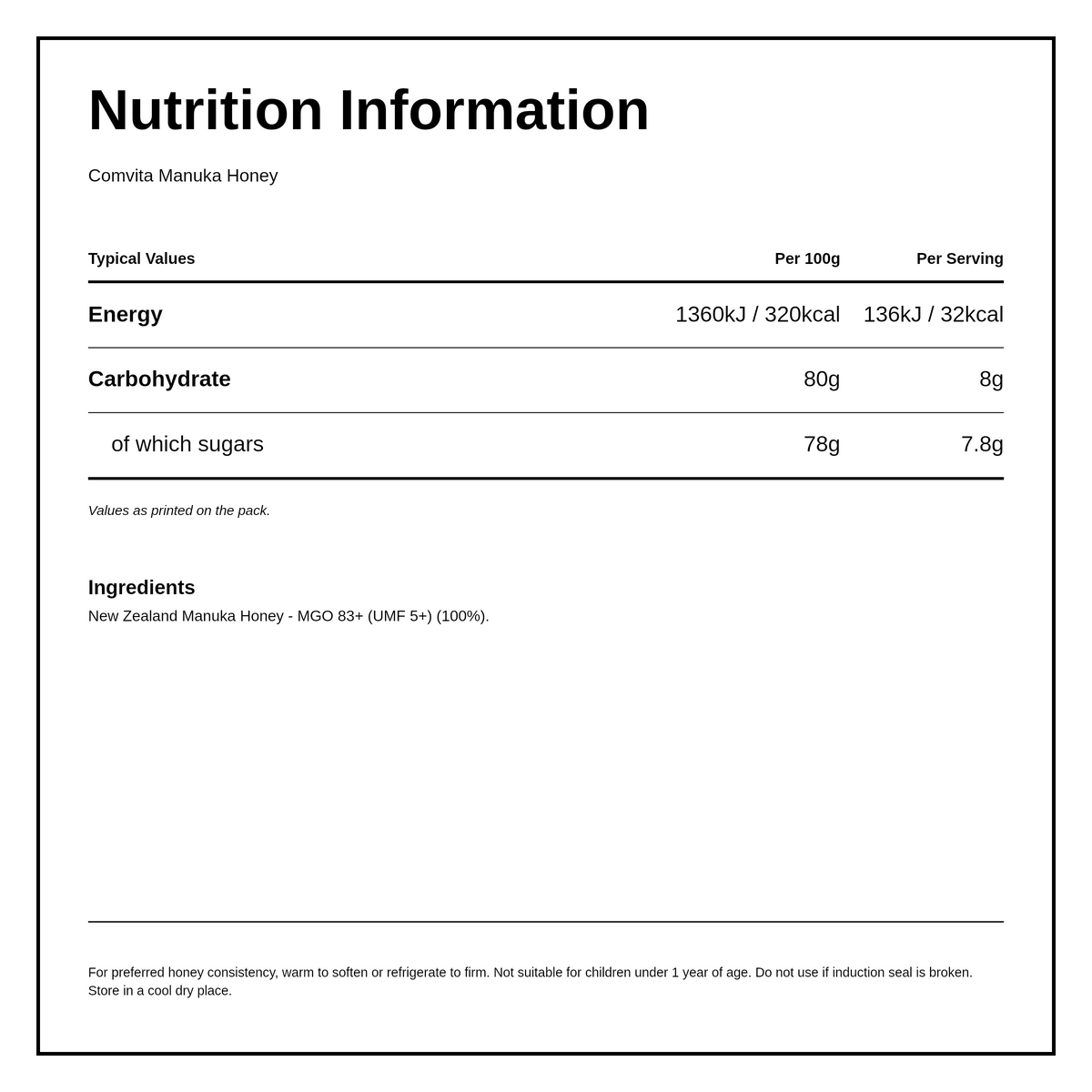 Comvita Manuka Honey UMF 5+ — nutrition information panel, generated from the pack