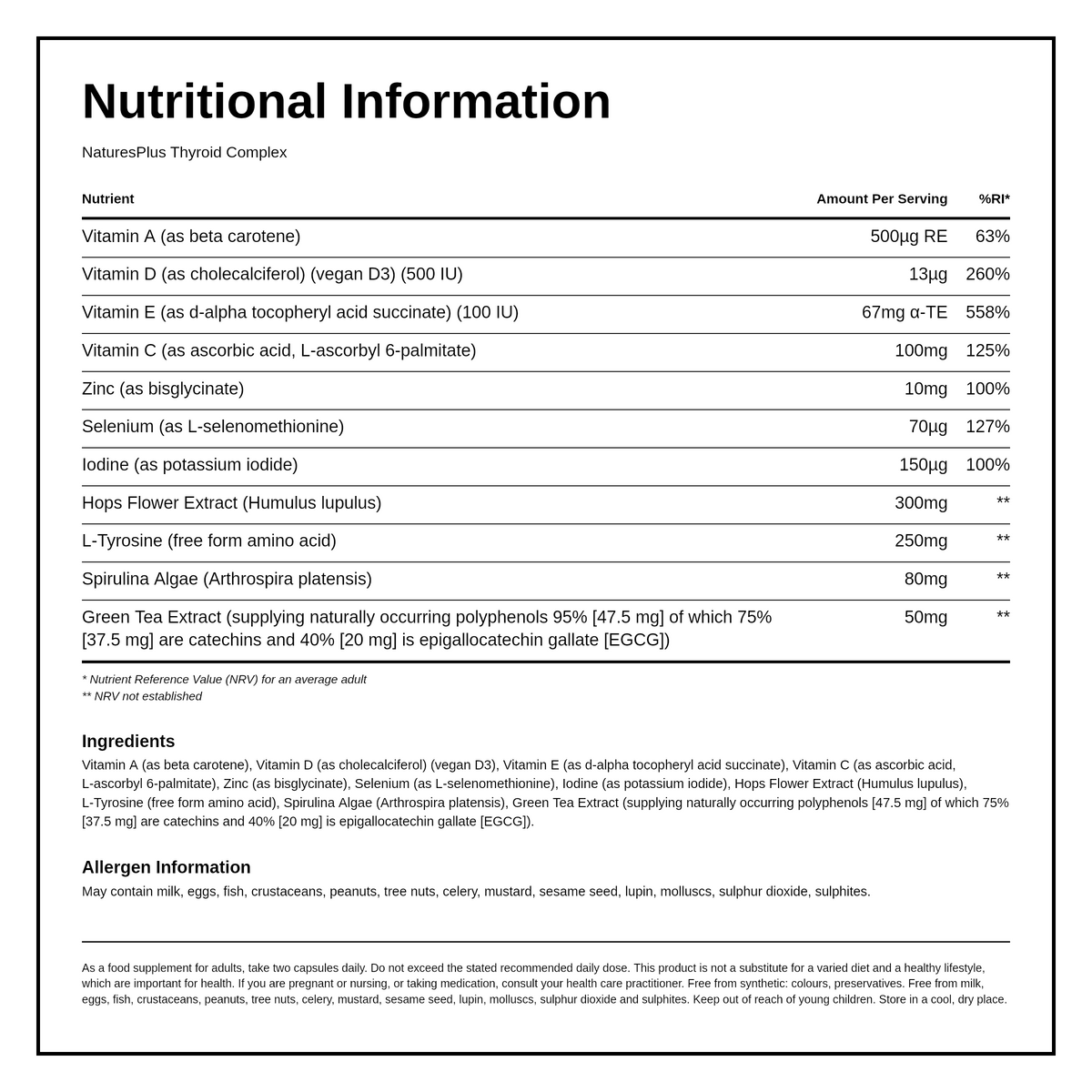 Nature's Plus BioAdvanced Thyroid Complex — nutrition information panel, generated from the pack