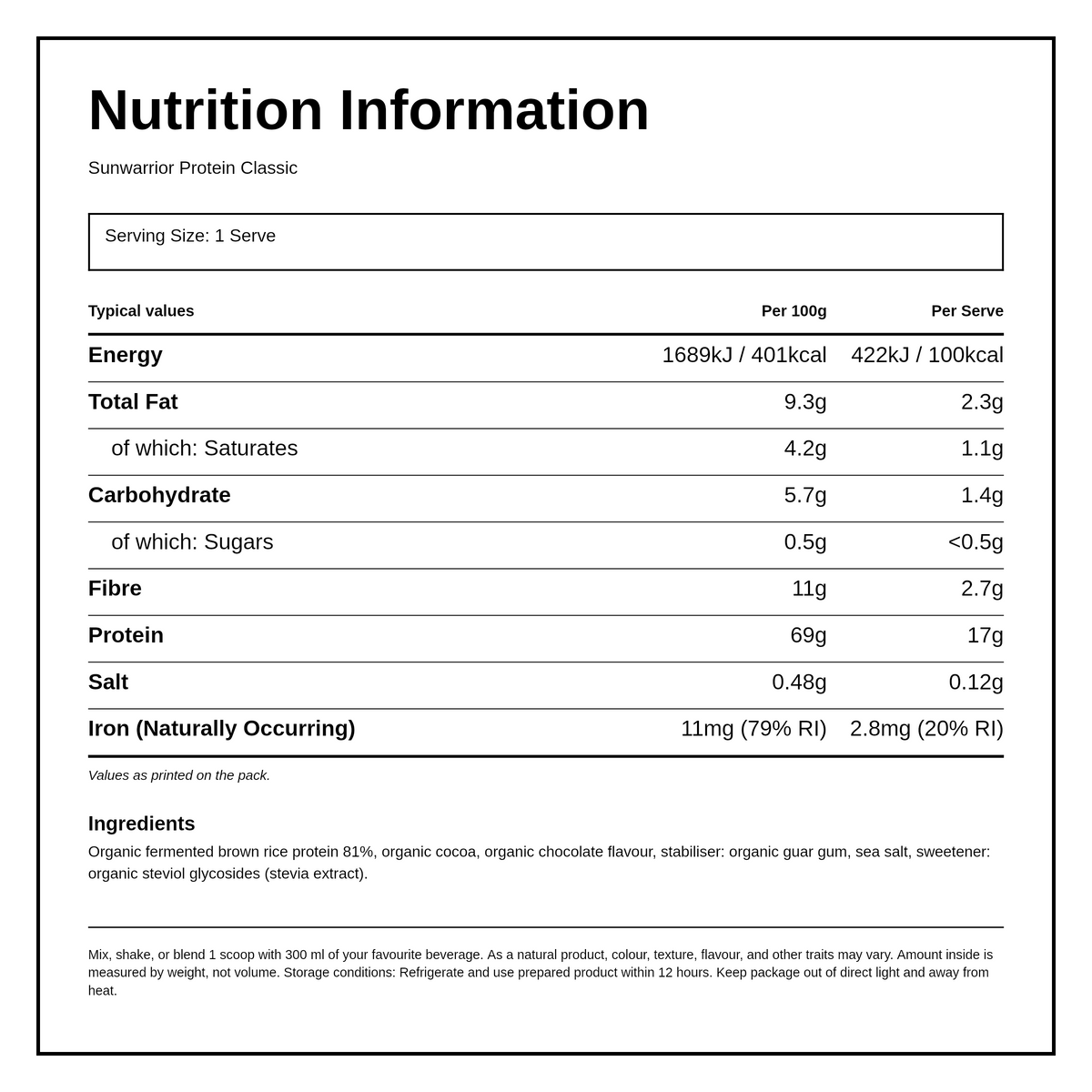 Sunwarrior Organic Classic Chocolate — nutrition information panel, generated from the pack
