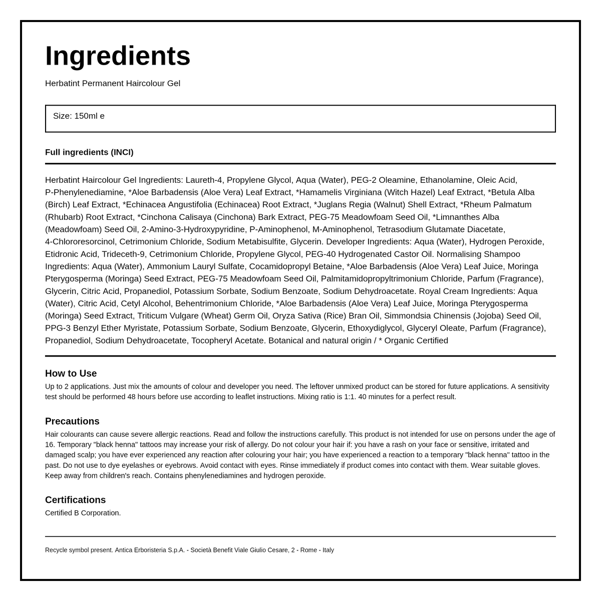 Herbatint Mahogany Chestnut Ammonia Free hair Colour 4M — ingredients (INCI) panel, generated from the pack