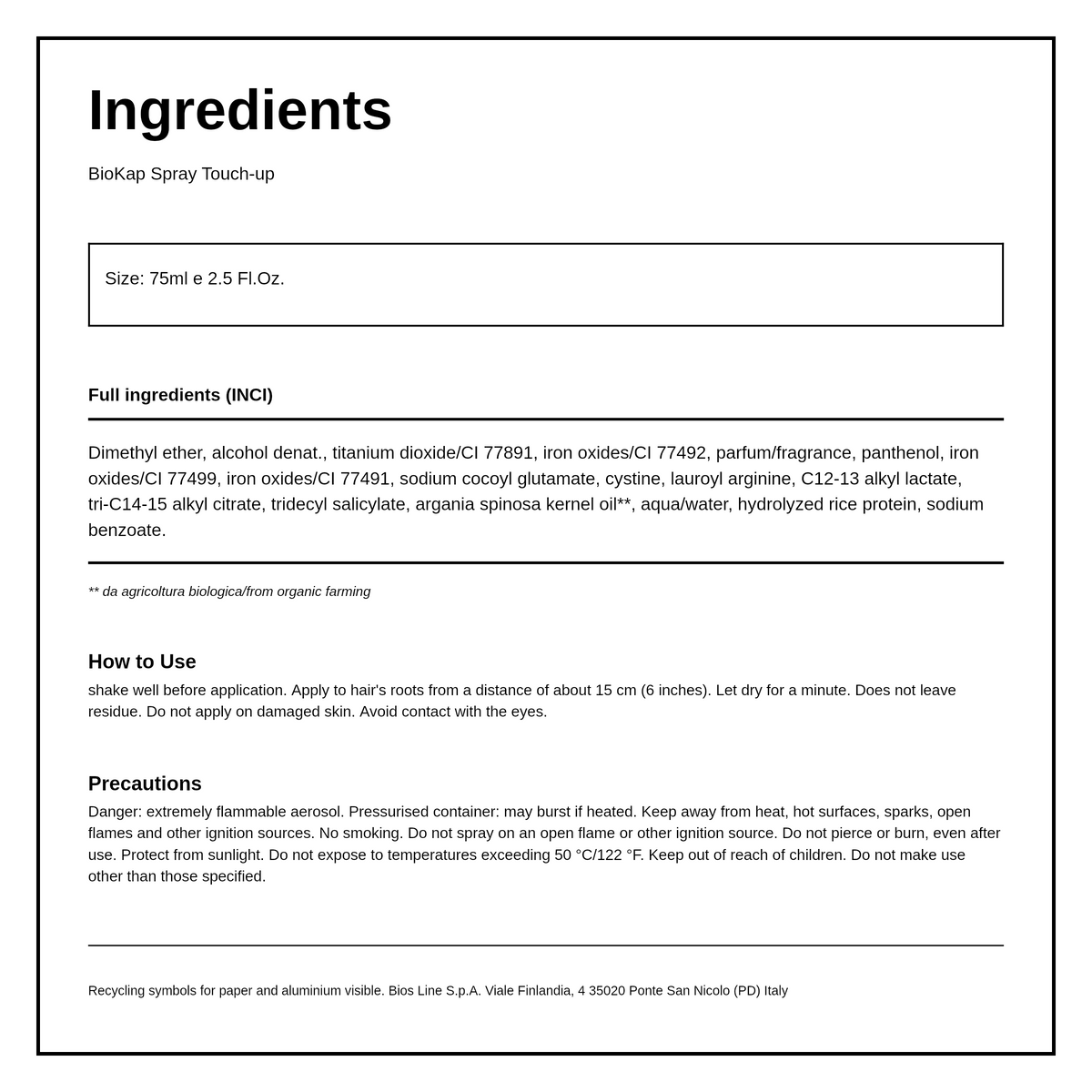 BioKap Light Blond Root Touch Up Spray — ingredients (INCI) panel, generated from the pack