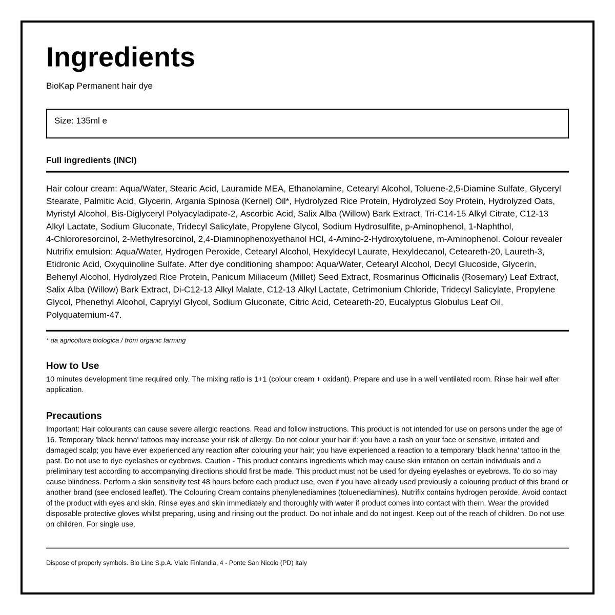 BioKap Natural Black 1.0 Rapid Permanent Hair Dye — ingredients (INCI) panel, generated from the pack