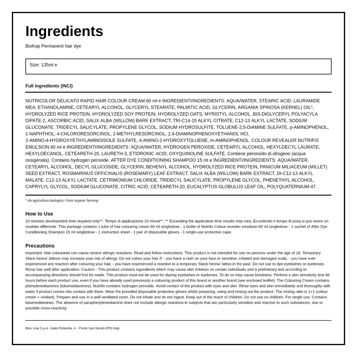 BioKap Swedish Blond 7.1 Hair Dye — ingredients (INCI) panel, generated from the pack