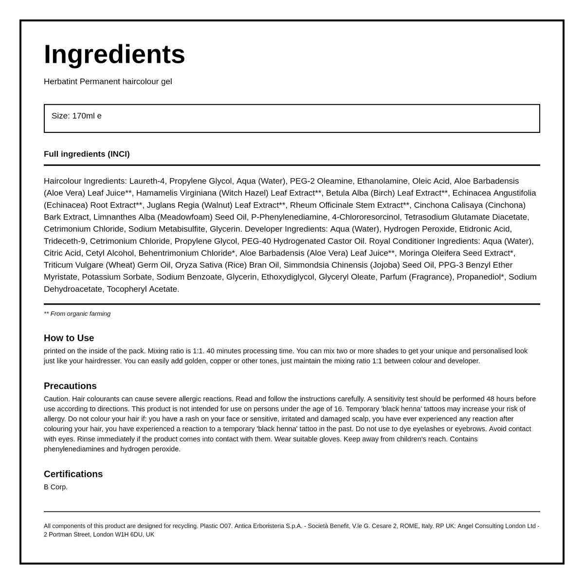 Herbatint Dark Blonde Ammonia Free hair Colour 6N — ingredients (INCI) panel, generated from the pack