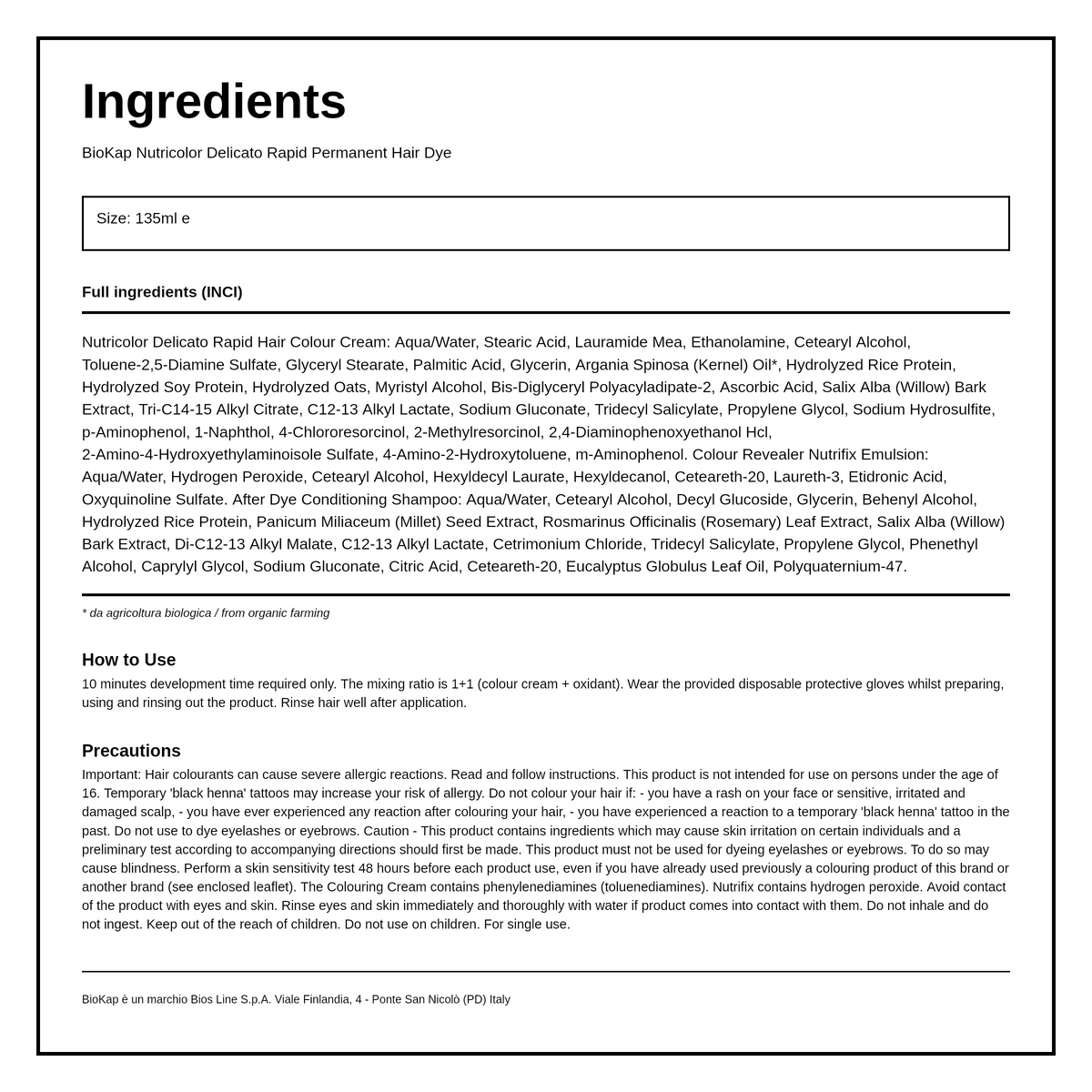BioKap Chocolate Chestnut 4.05 Rapid Permanent Hair Dye — ingredients (INCI) panel, generated from the pack