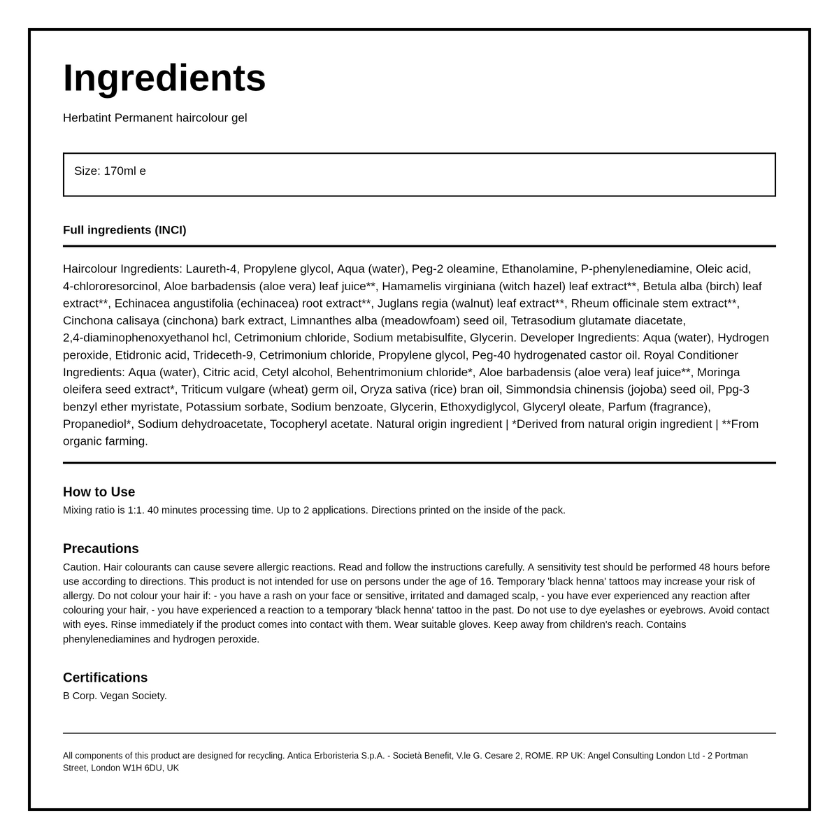 Herbatint Brown Ammonia Free hair Colour 2N — ingredients (INCI) panel, generated from the pack