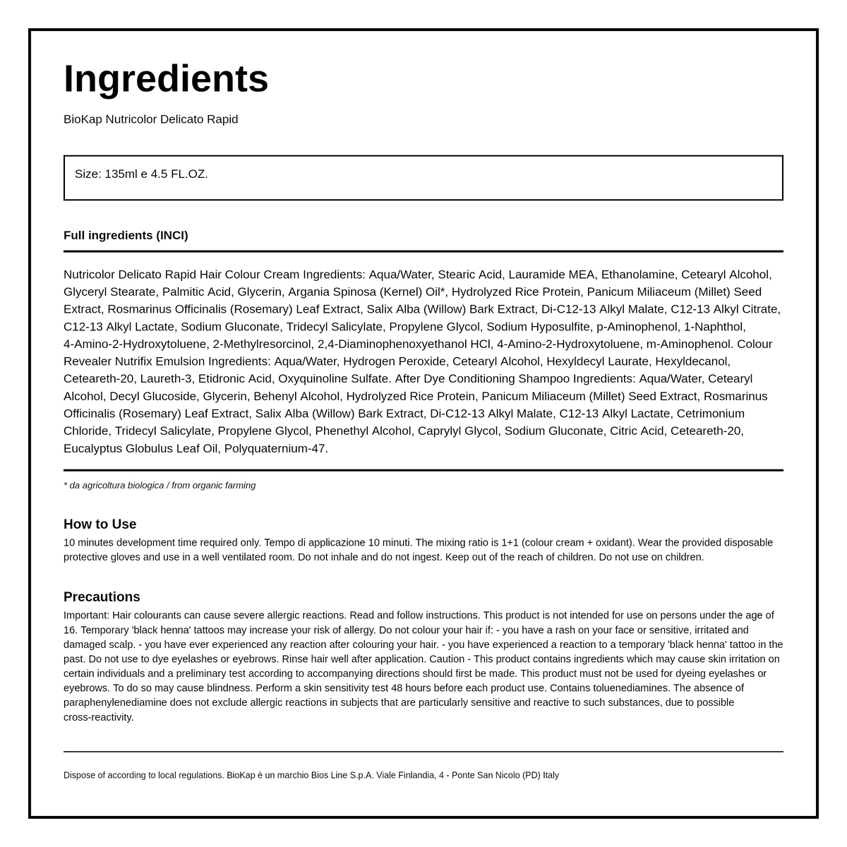 BioKap Honey Chestnut 5.34 Rapid Permanent Hair Dye — ingredients (INCI) panel, generated from the pack