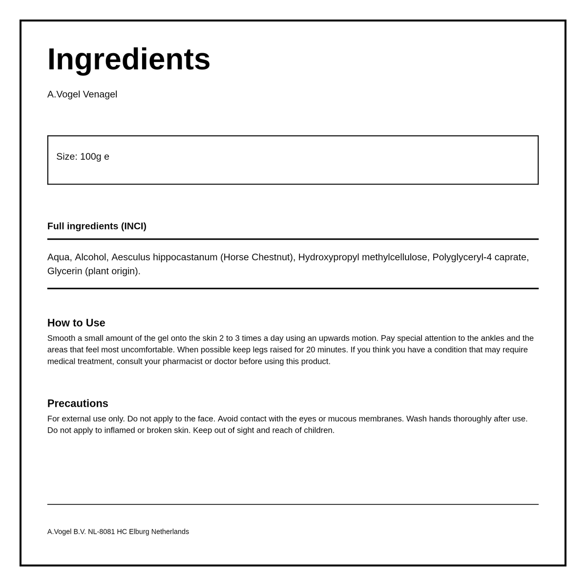 A.Vogel Venagel — ingredients (INCI) panel, generated from the pack
