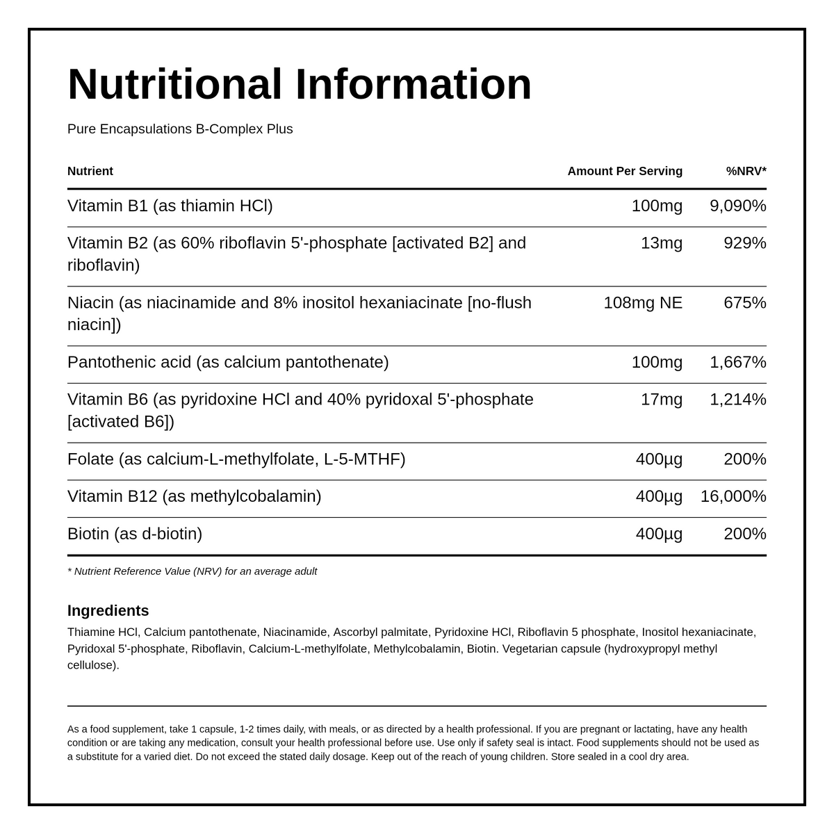 Pure Encapsulations B-Complex Plus — nutrition information panel, generated from the pack