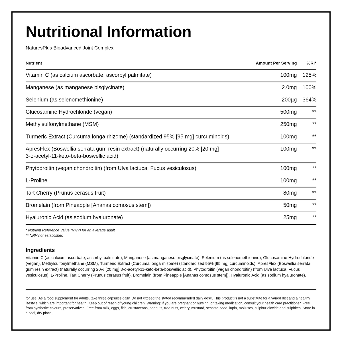 Nature's Plus BioAdvanced Joint Complex — nutrition information panel, generated from the pack