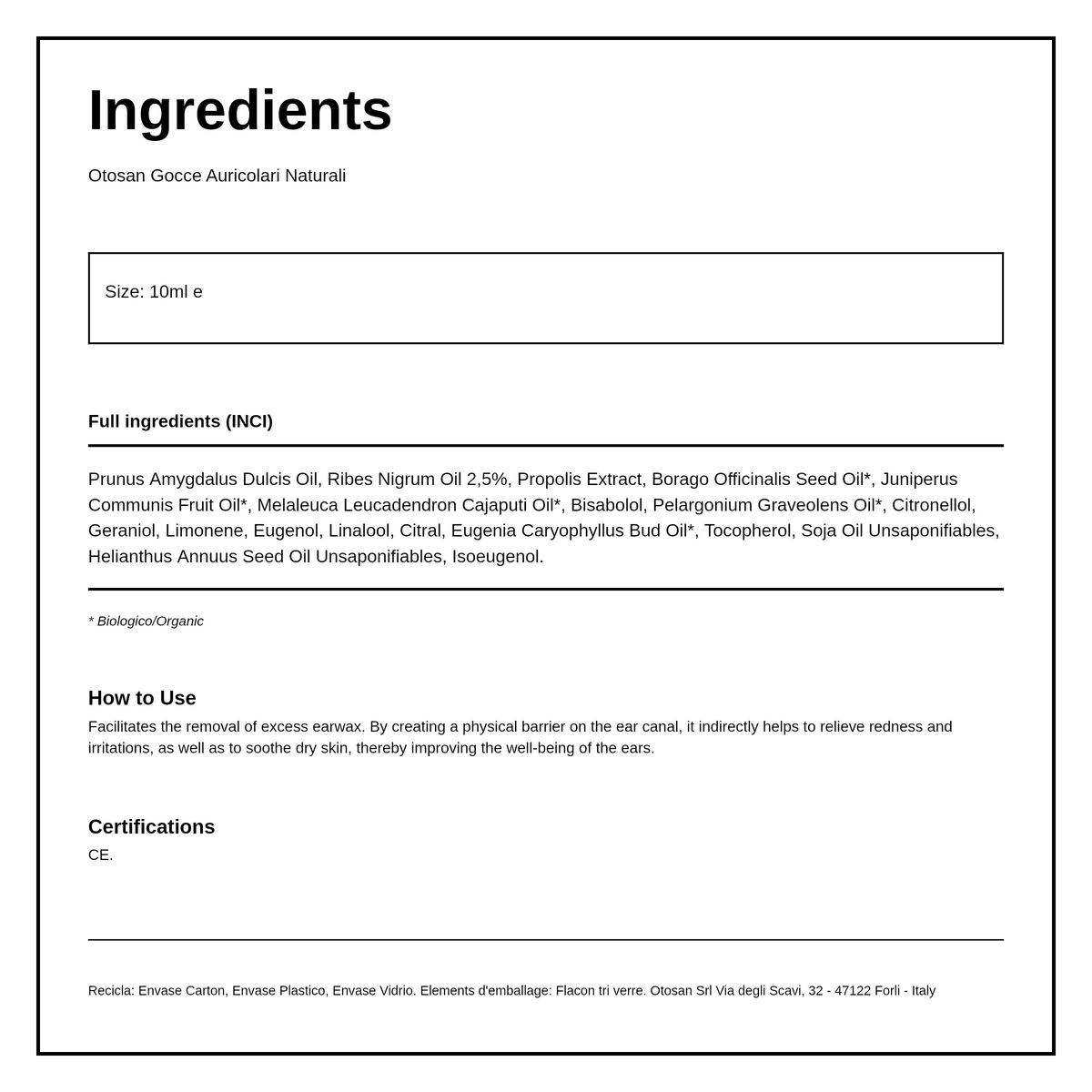 Otosan Natural Ear Oil — ingredients (INCI) panel, generated from the pack