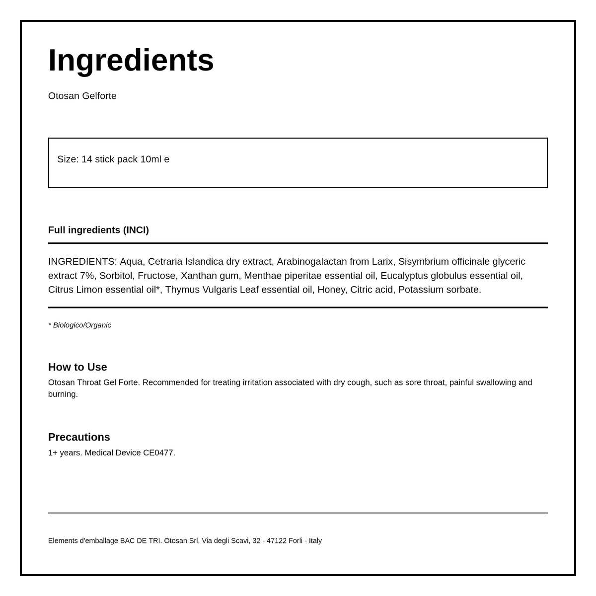 Otosan Natural Throat Gel (14 x sachets) — ingredients (INCI) panel, generated from the pack