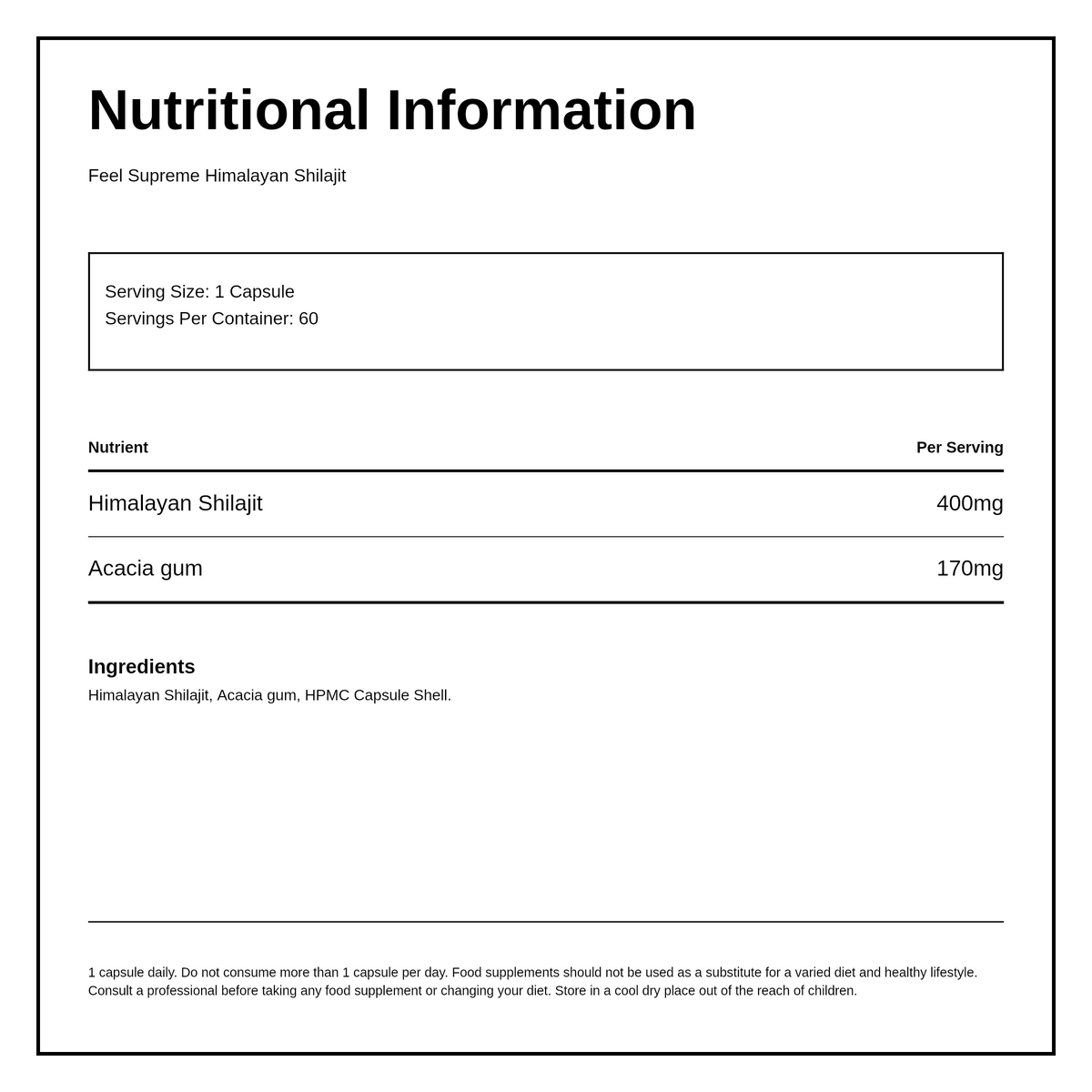 Feel Supreme  Himalayan Shilajit Capsules 400mg — nutrition information panel, generated from the pack
