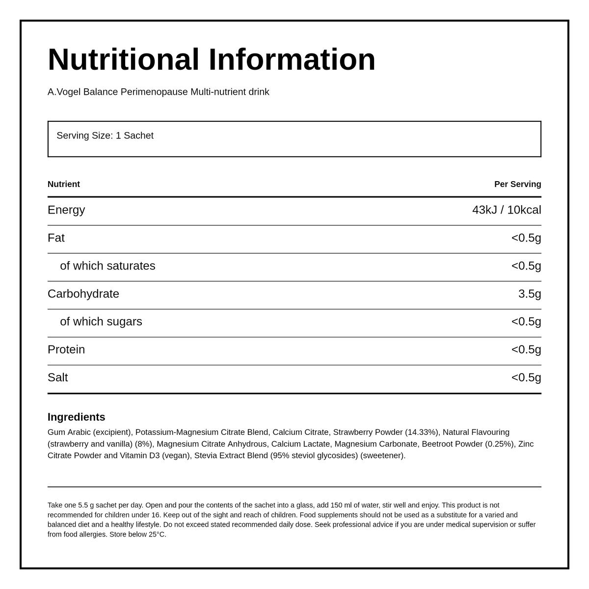 A.Vogel Perimenopause Balance — nutrition information panel, generated from the pack