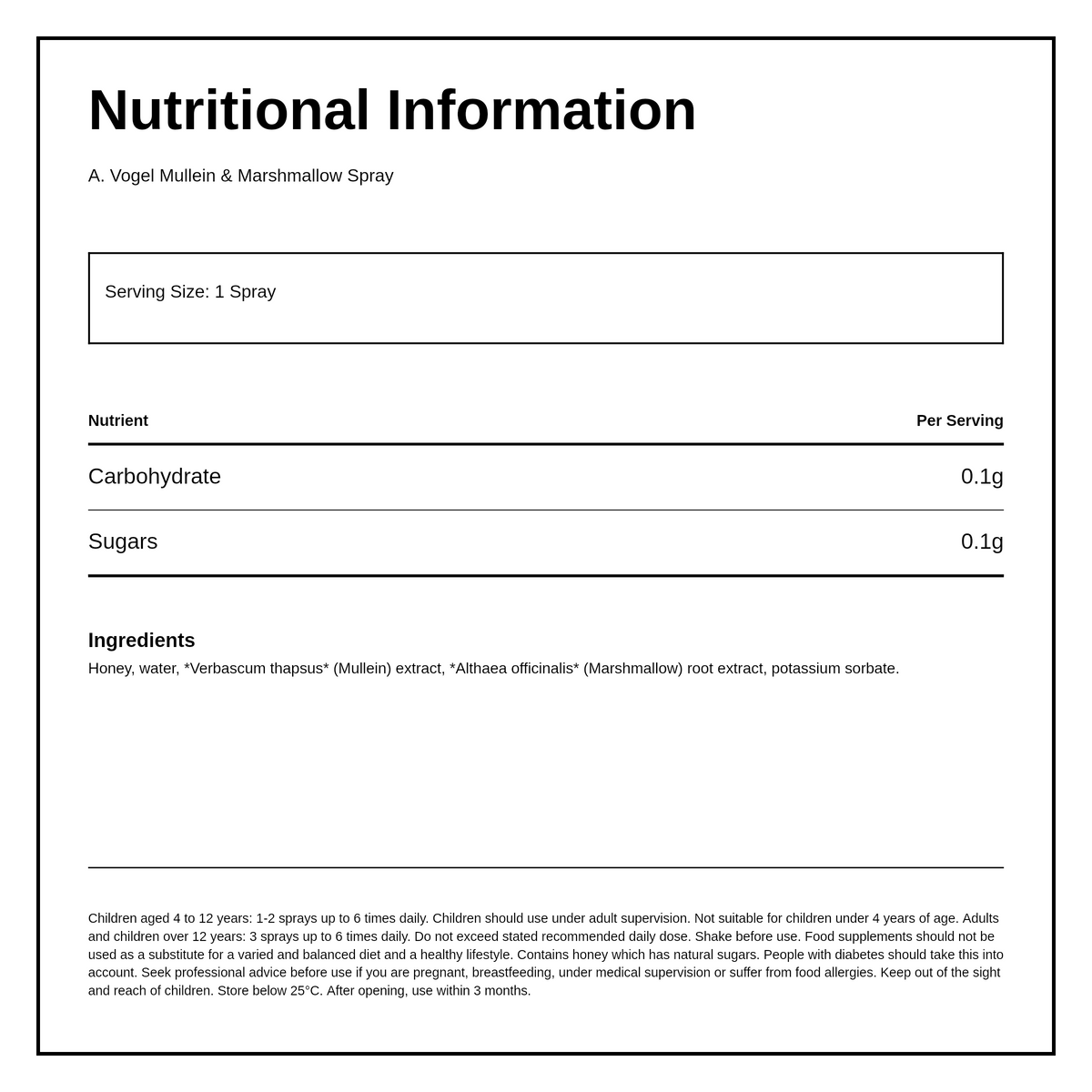 A. Vogel Mullein & Marshmallow Spray — nutrition information panel, generated from the pack