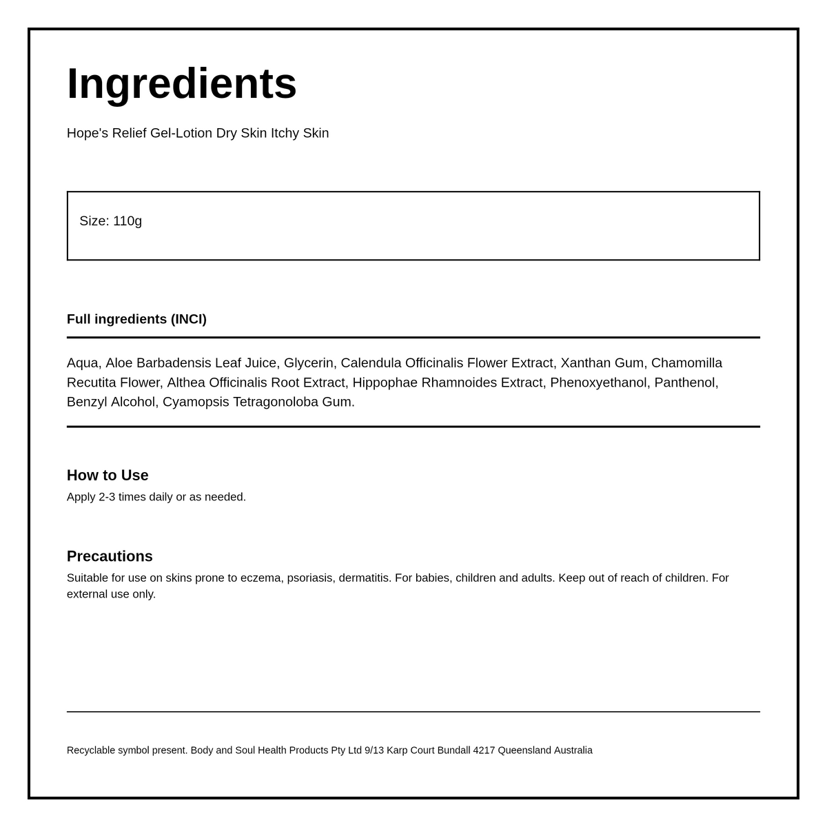 Hope's Relief Gel-Lotion — ingredients (INCI) panel, generated from the pack