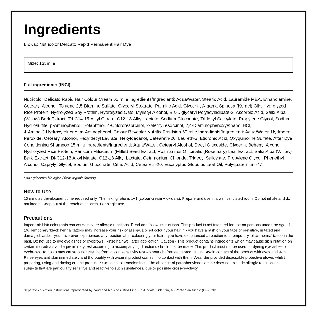 BioKap Dark Chocolate Chestnut 2.9 Rapid Permanent Hair Dye — ingredients (INCI) panel, generated from the pack