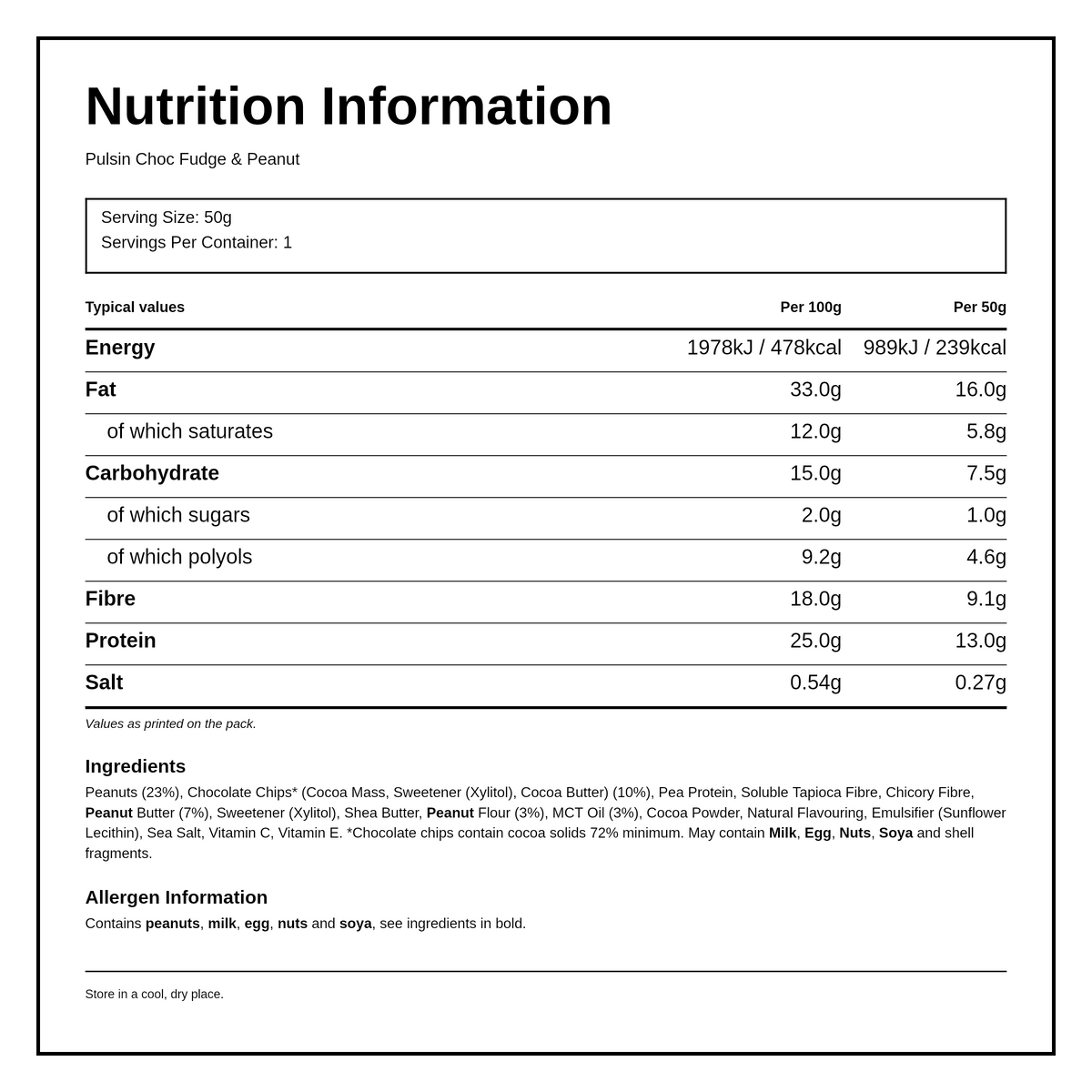 Pulsin Choc Fudge & Peanut Keto Bar — nutrition information panel, generated from the pack